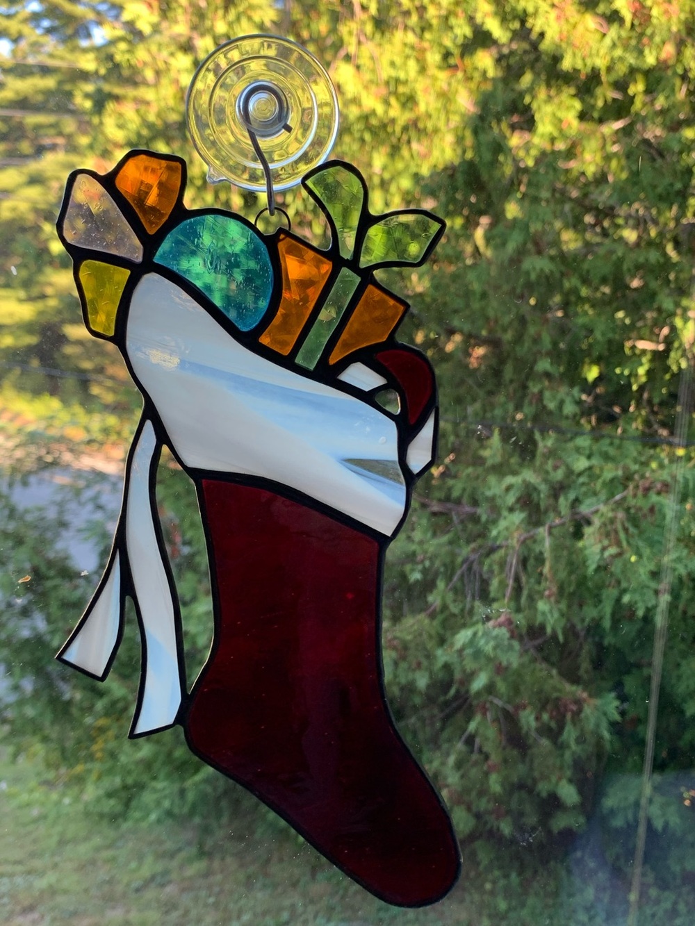 Handcrafted Vintage Stained Glass Christmas Stocking Suncatcher Window Hanging